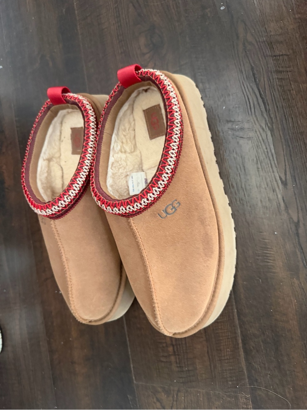 UGG Cream Shearling-Lined Slip-On with Red Accents